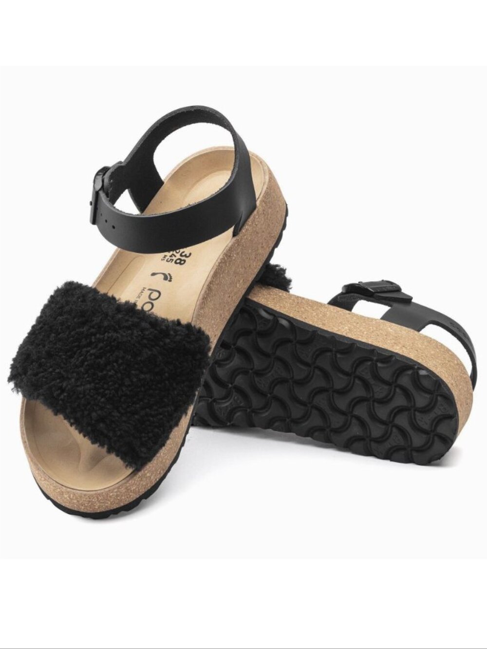 Papillio BIRKENSTOCK Glenda Wedge Sandals Size 38 7 Black Shearling Leather NEW